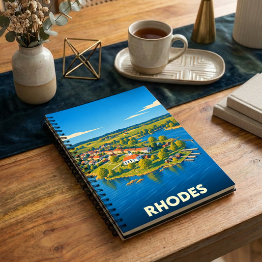 Carnet à spirales souvenir de la ville de Rhodes avec une illustration stylisée d'un village côtier.