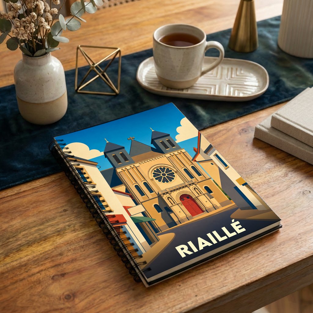 Carnet à spirales souvenir de la ville de Riaillé orné d'une illustration stylisée de son église.