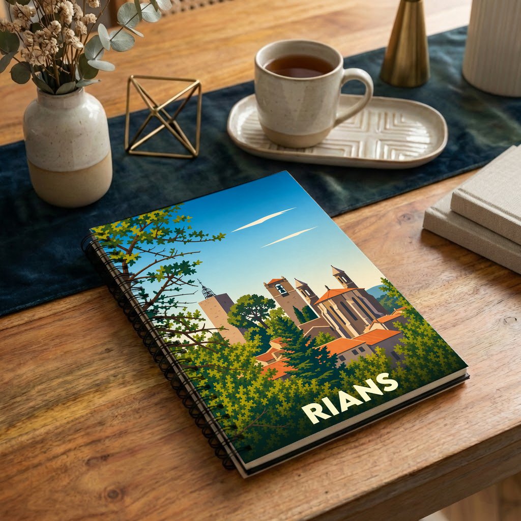 Carnet souvenir de la ville de Rians avec une illustration stylisée.