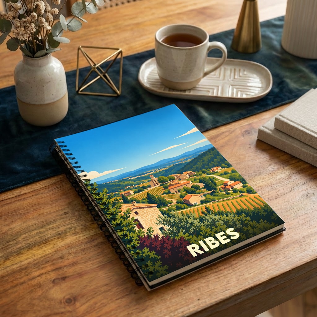 Carnet souvenir de la ville de Ribes avec une illustration stylisée de ses paysages.