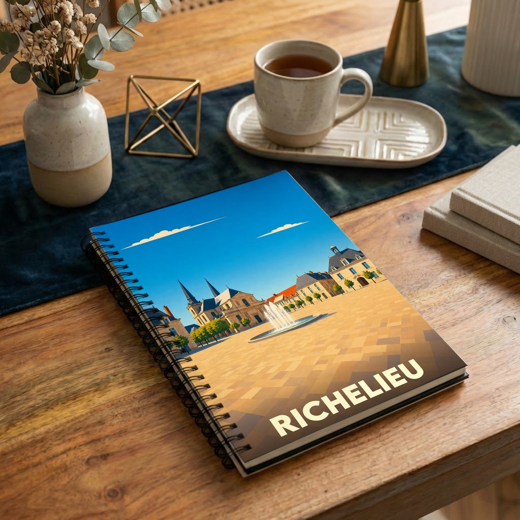 Carnet de notes souvenir de la ville de Richelieu avec une illustration stylisée de sa place principale.