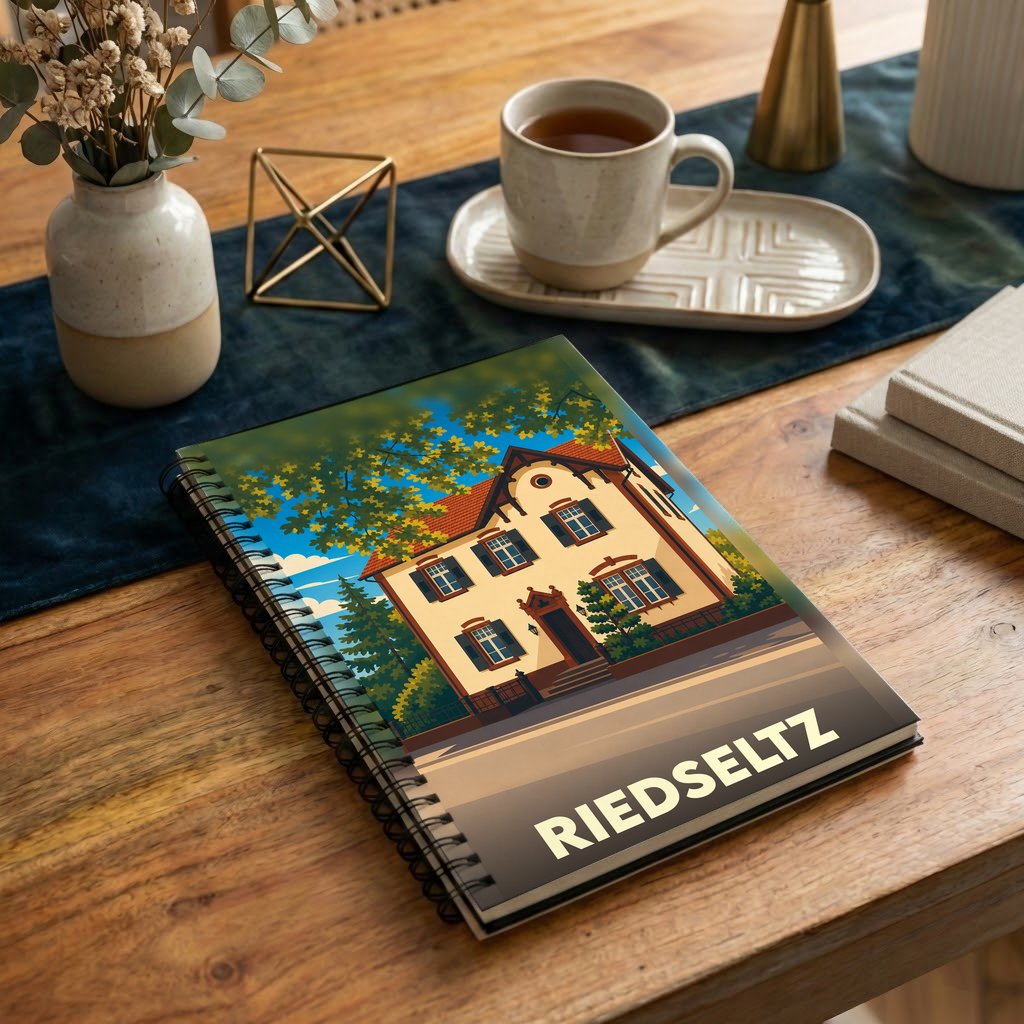 Carnet souvenir de la ville de Riedseltz avec une illustration stylisée d'une maison traditionnelle.