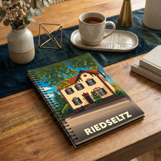 Carnet souvenir de la ville de Riedseltz avec une illustration stylisée d'une maison traditionnelle.