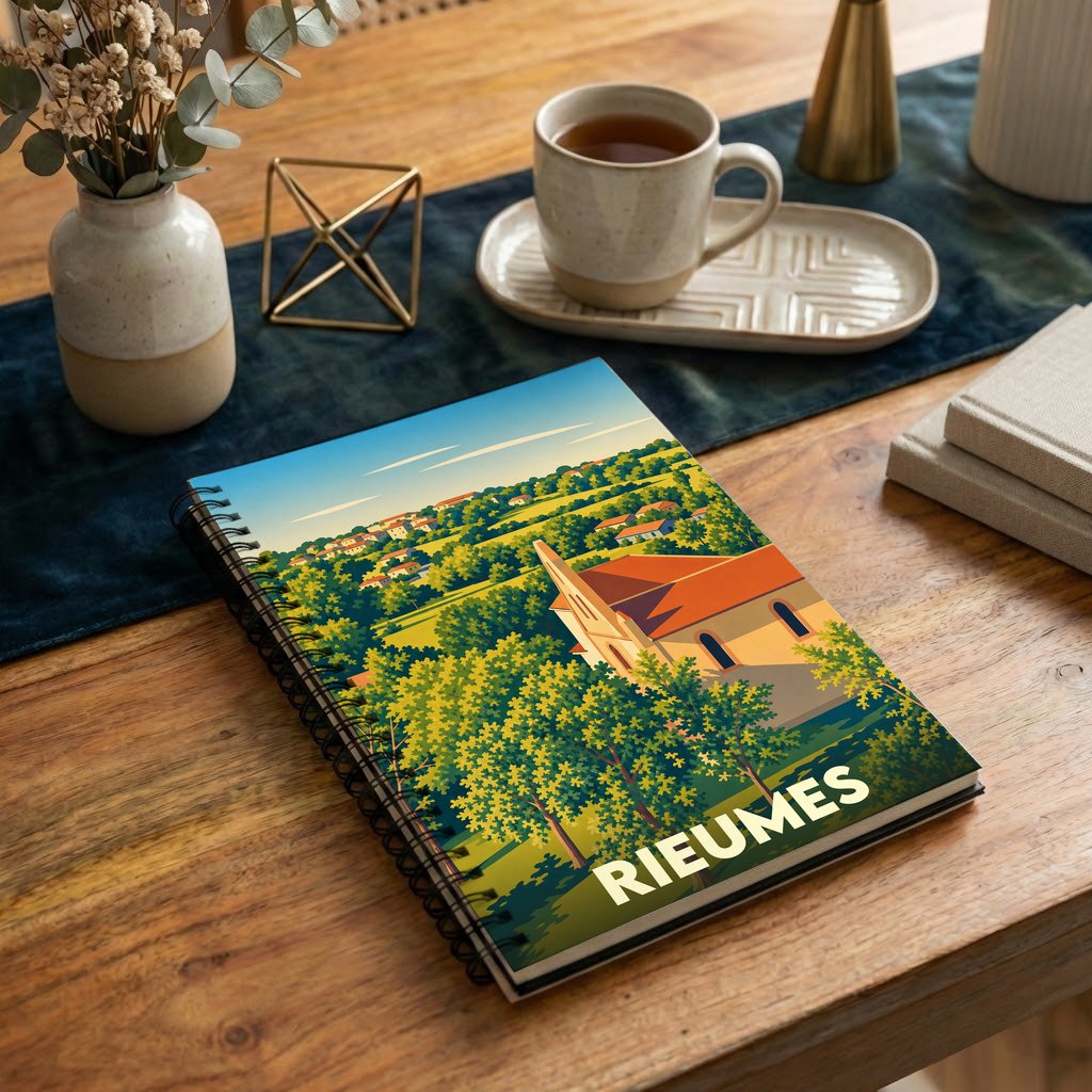 Carnet souvenir de la ville de Rieumes avec une illustration stylisée de son paysage et de son église.