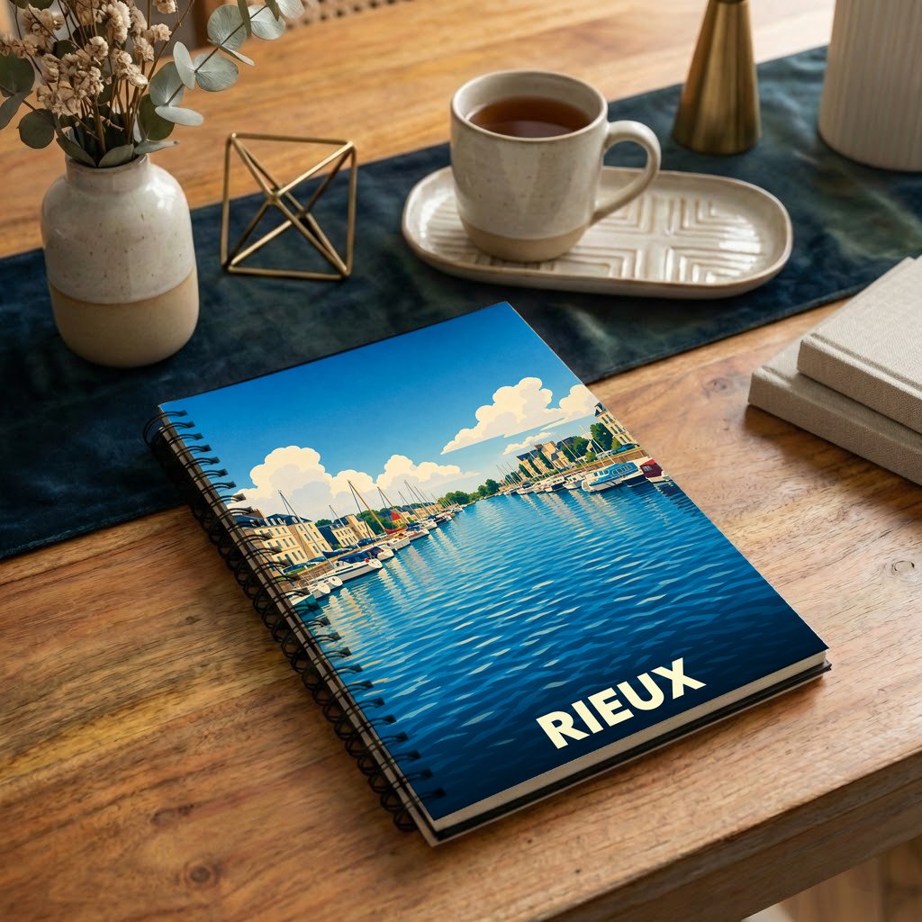 Carnet souvenir de la ville de Rieux avec une illustration stylisée d'un port de plaisance.