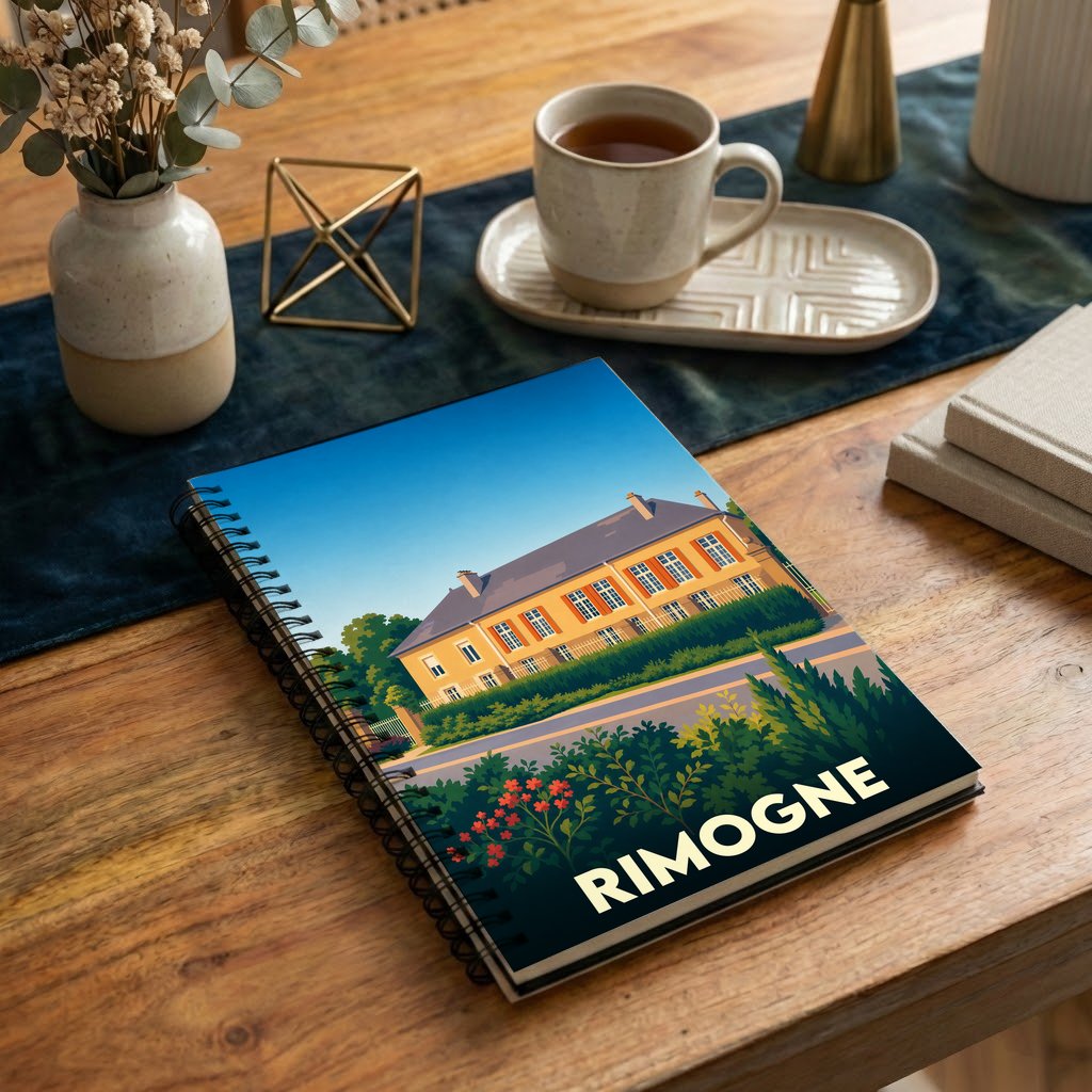 Carnet souvenir de la ville de Rimogne avec une illustration stylisée d'une grande demeure ardennaise.