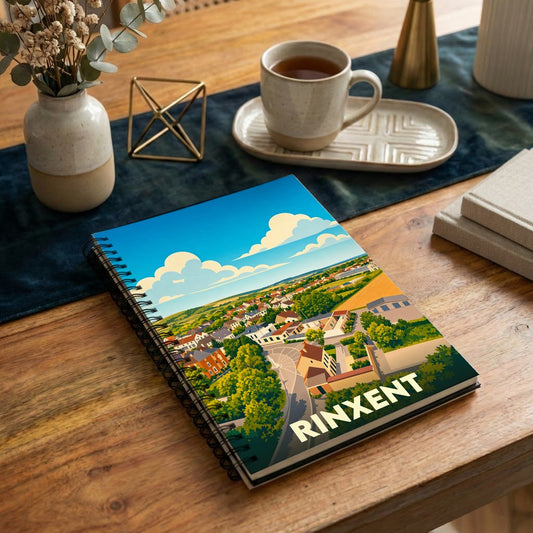 Carnet à spirales souvenir de la ville de Rinxent avec une illustration stylisée de son paysage urbain.