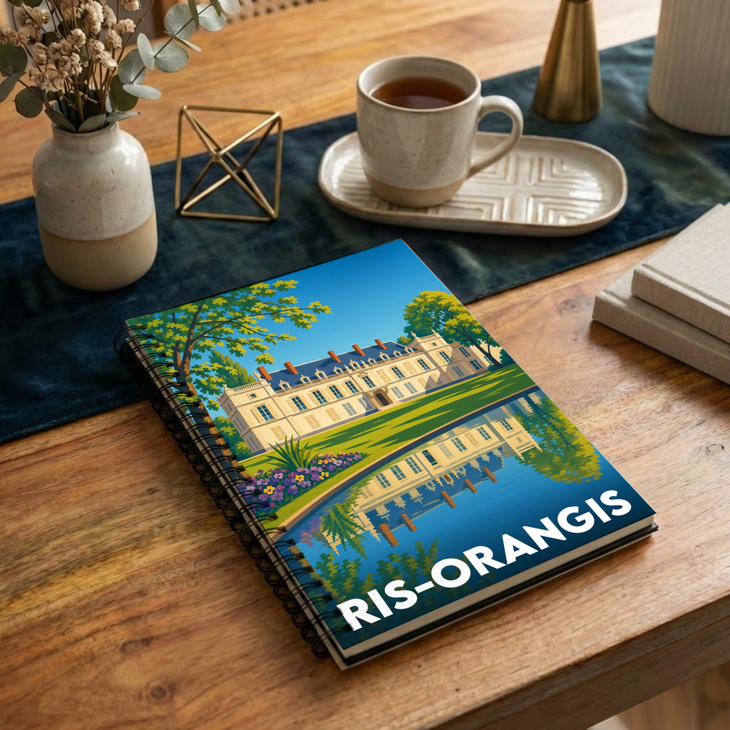 Carnet à spirales souvenir de la ville de Ris-Orangis avec une illustration stylisée d'un château se reflétant dans l'eau.