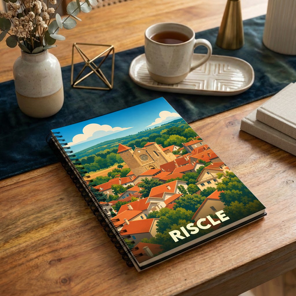 Carnet à spirale souvenir de la ville de Riscle avec une illustration stylisée de ses toits et de son église.