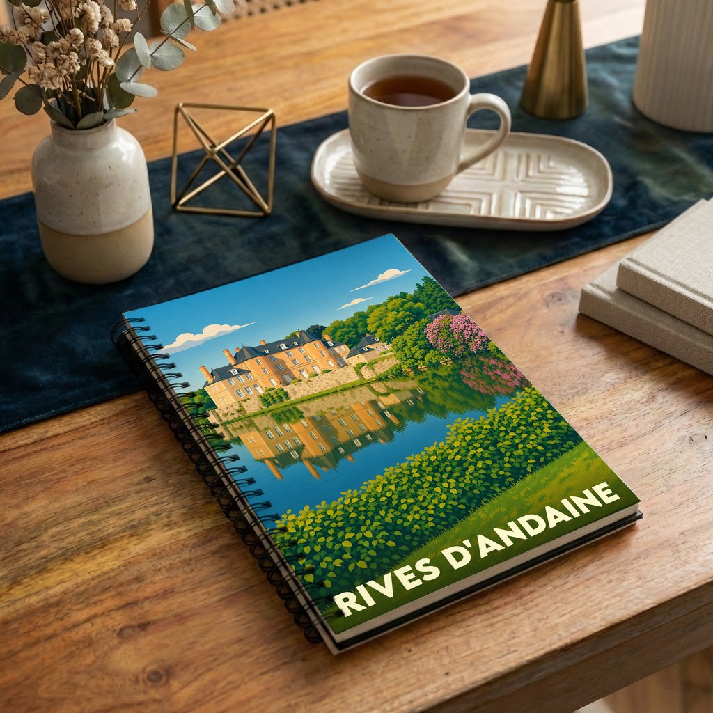 Carnet souvenir de la ville de Rives d'Andaine avec une illustration stylisée d'un château se reflétant dans l'eau.