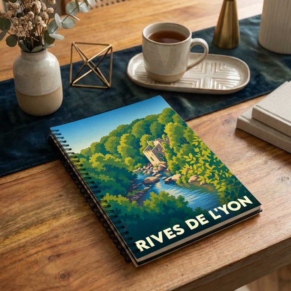 Carnet à spirales souvenir de Rives de l'Yon illustré d'un paysage de rivière et de forêt.