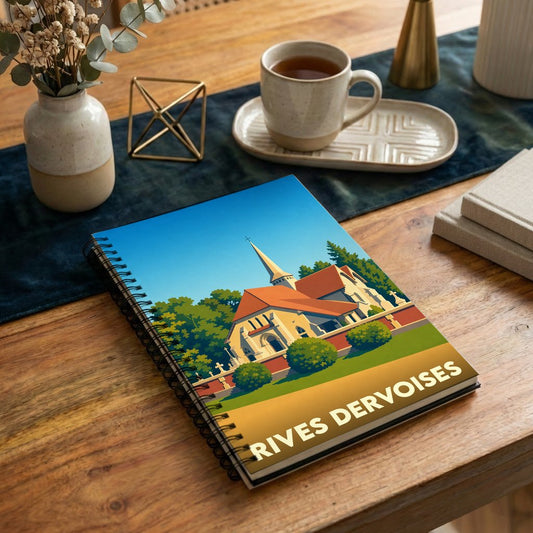 Carnet à spirales souvenir de la ville de Rives Dervoises avec une illustration stylisée de son église.