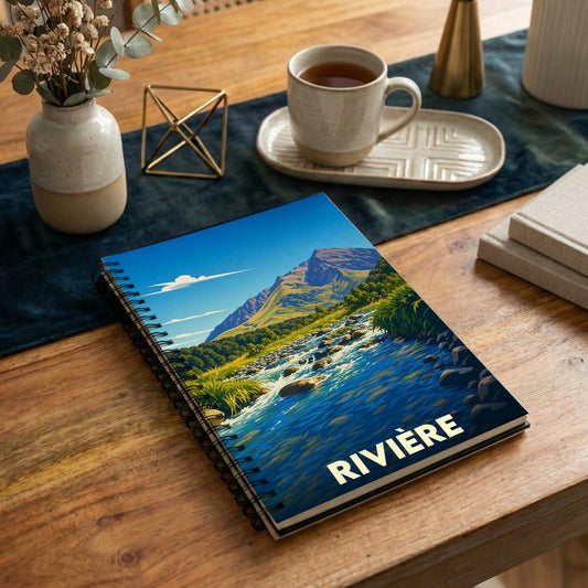 Carnet à spirales souvenir de la ville de Rivière avec une illustration stylisée de paysage montagneux.