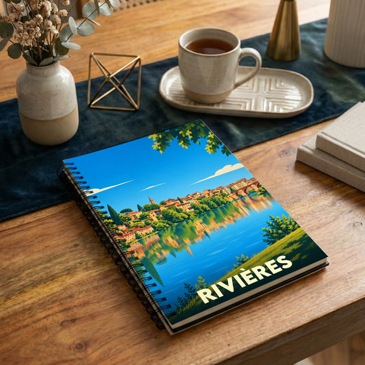 Carnet à spirales souvenir de la ville de Rivières avec une illustration stylisée de ses reflets sur le Tarn.