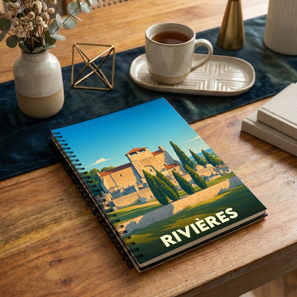 Carnet souvenir de la ville de Rivières avec une illustration stylisée d'un paysage historique.