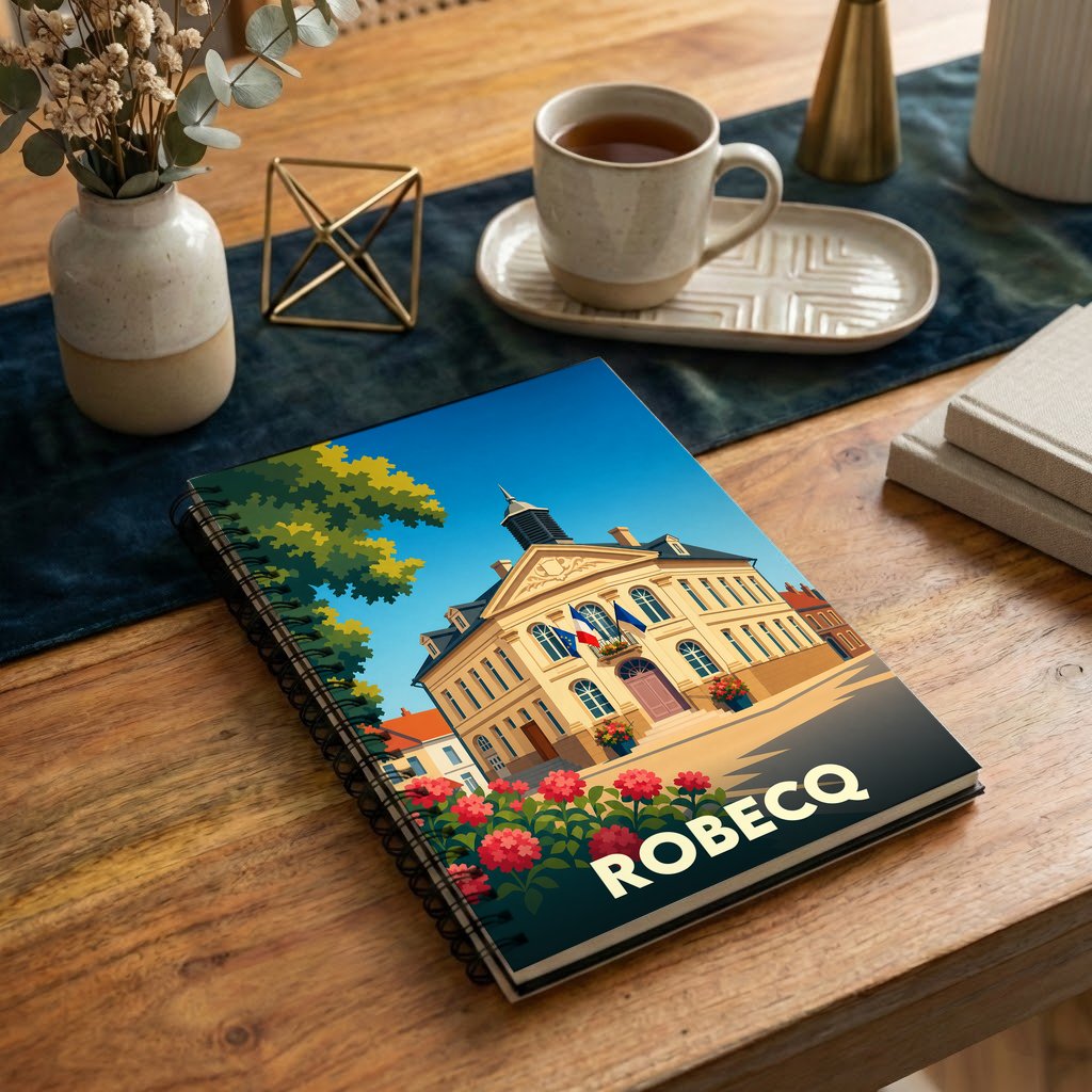 Carnet souvenir de la ville de Robecq avec une illustration stylisée de son hôtel de ville.