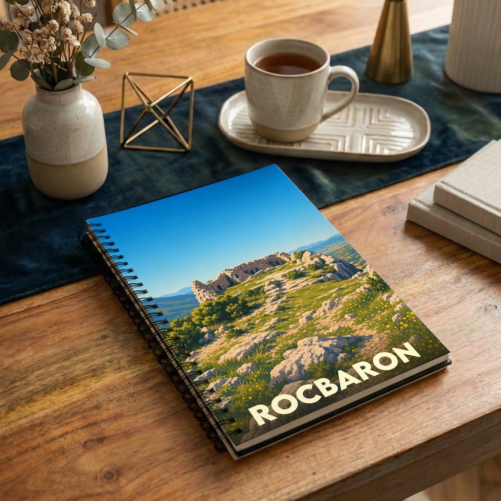 Carnet souvenir de la ville de Rocbaron avec une illustration stylisée de ses ruines.