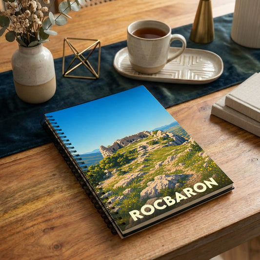 Carnet souvenir de la ville de Rocbaron avec une illustration stylisée de ses ruines.