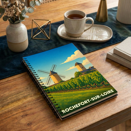 Carnet de notes à spirales souvenir de la ville de Rochefort-sur-Loire avec une illustration stylisée d'un moulin et de vignes.
