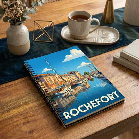 Carnet à spirale souvenir de la ville de Rochefort avec une illustration stylisée de son port.