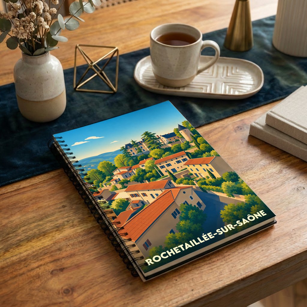 Carnet souvenir de la ville de Rochetaillée-sur-Saône avec une illustration stylisée.