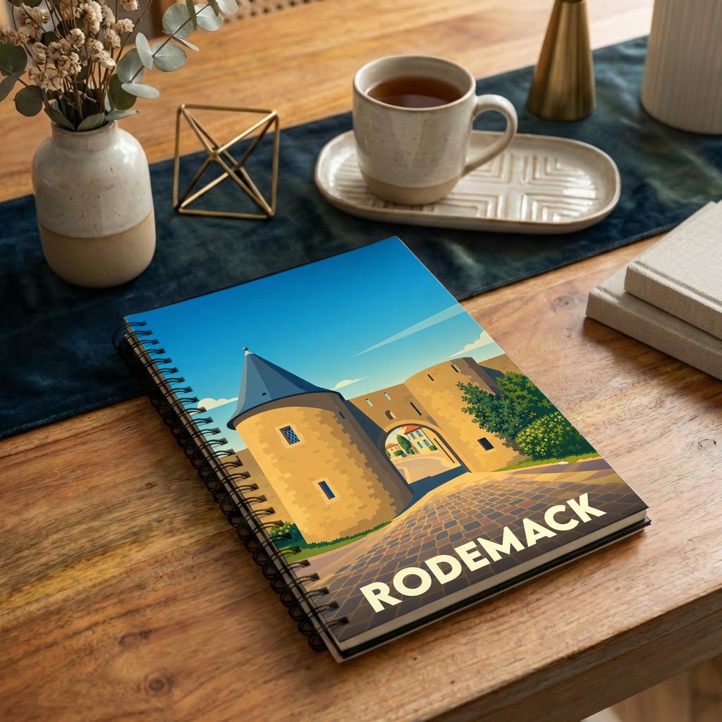 Carnet souvenir de la ville de Rodemack avec une illustration stylisée de ses remparts.