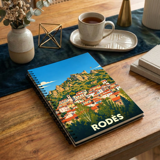 Carnet de notes à spirales souvenir de la ville de Rodès avec une illustration stylisée de ses maisons colorées.