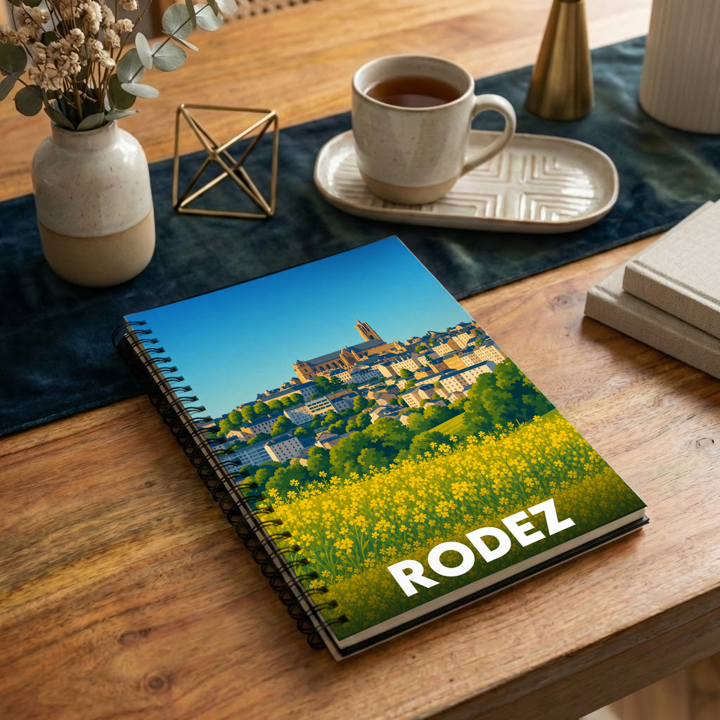 Carnet souvenir de la ville de Rodez avec une illustration stylisée de sa cathédrale dominant un champ de fleurs.