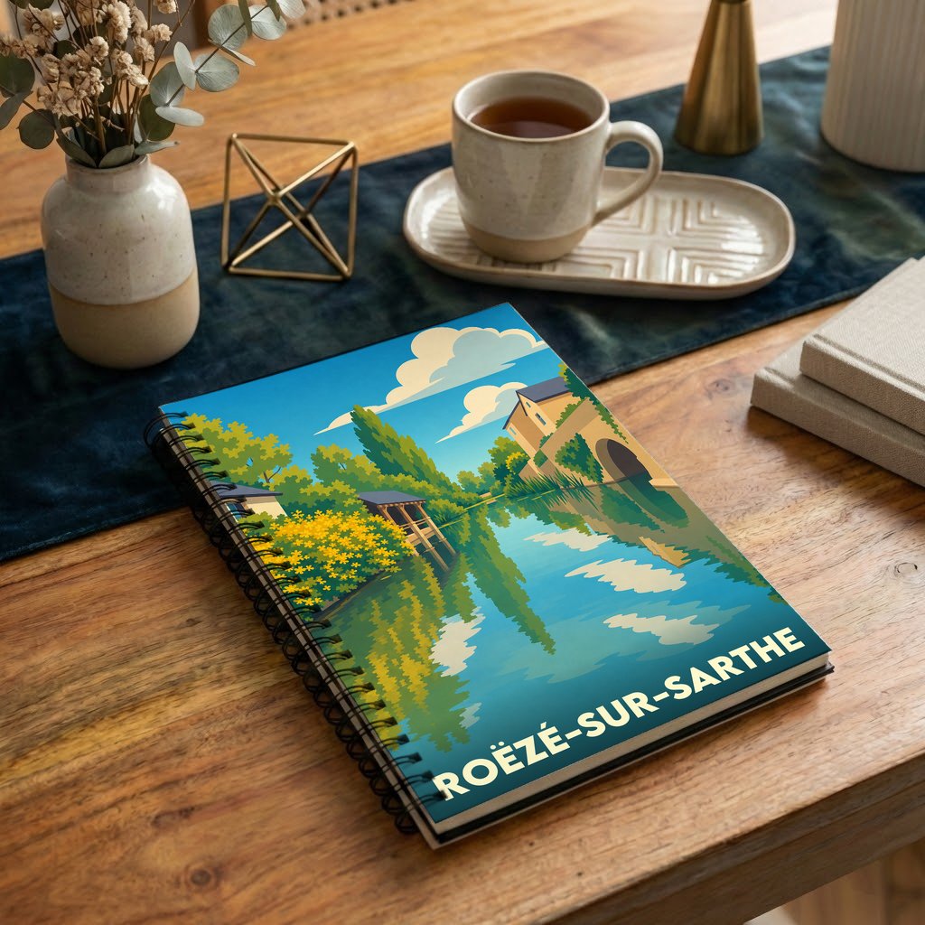 Carnet souvenir de la ville de Roëzé-sur-Sarthe avec une illustration stylisée des bords de la Sarthe.