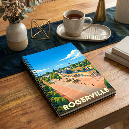 Carnet à spirales souvenir de la ville de Rogerville avec une illustration stylisée et colorée.