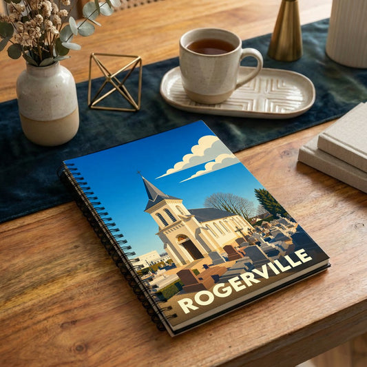 Carnet souvenir de la ville de Rogerville orné d'une illustration stylisée de son église et de son cimetière.