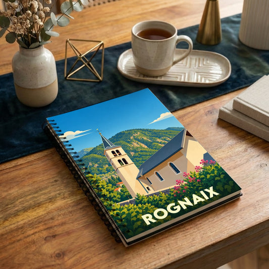 Carnet souvenir de la ville de Rognaix avec une illustration stylisée de son église et des montagnes environnantes.