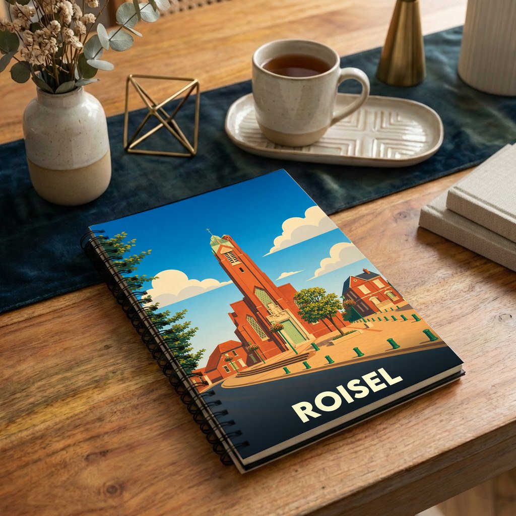 Carnet à spirales souvenir de la ville de Roisel avec une illustration stylisée de son église.