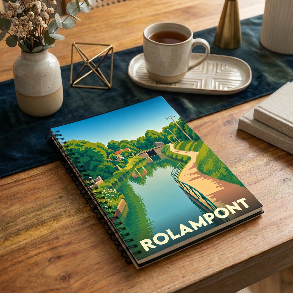Carnet à spirales souvenir de la ville de Rolampont avec une illustration stylisée de son canal.