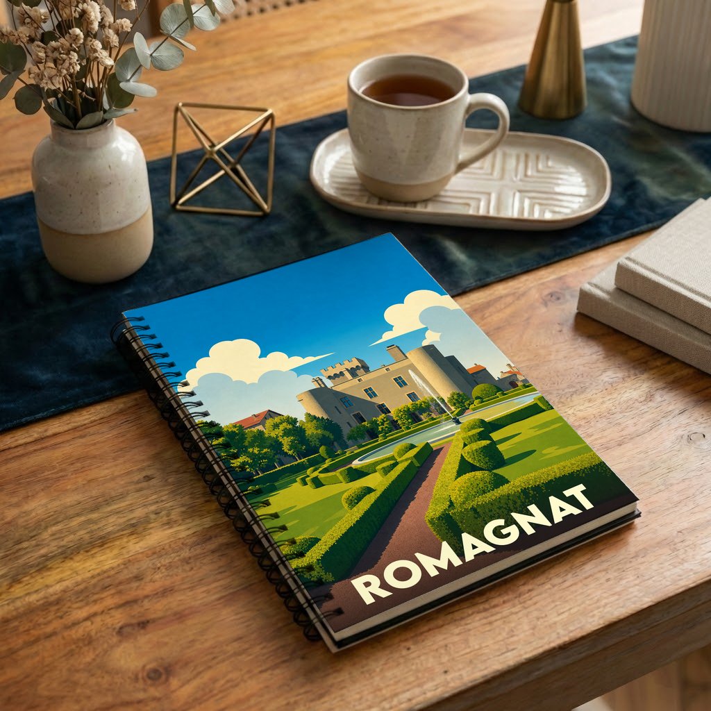 Carnet souvenir de la ville de Romagnat avec une illustration stylisée d'un château et de ses jardins.