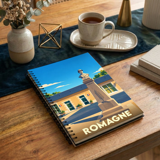 Carnet de notes à spirales souvenir de la ville de Romagne avec une illustration stylisée de son monument.