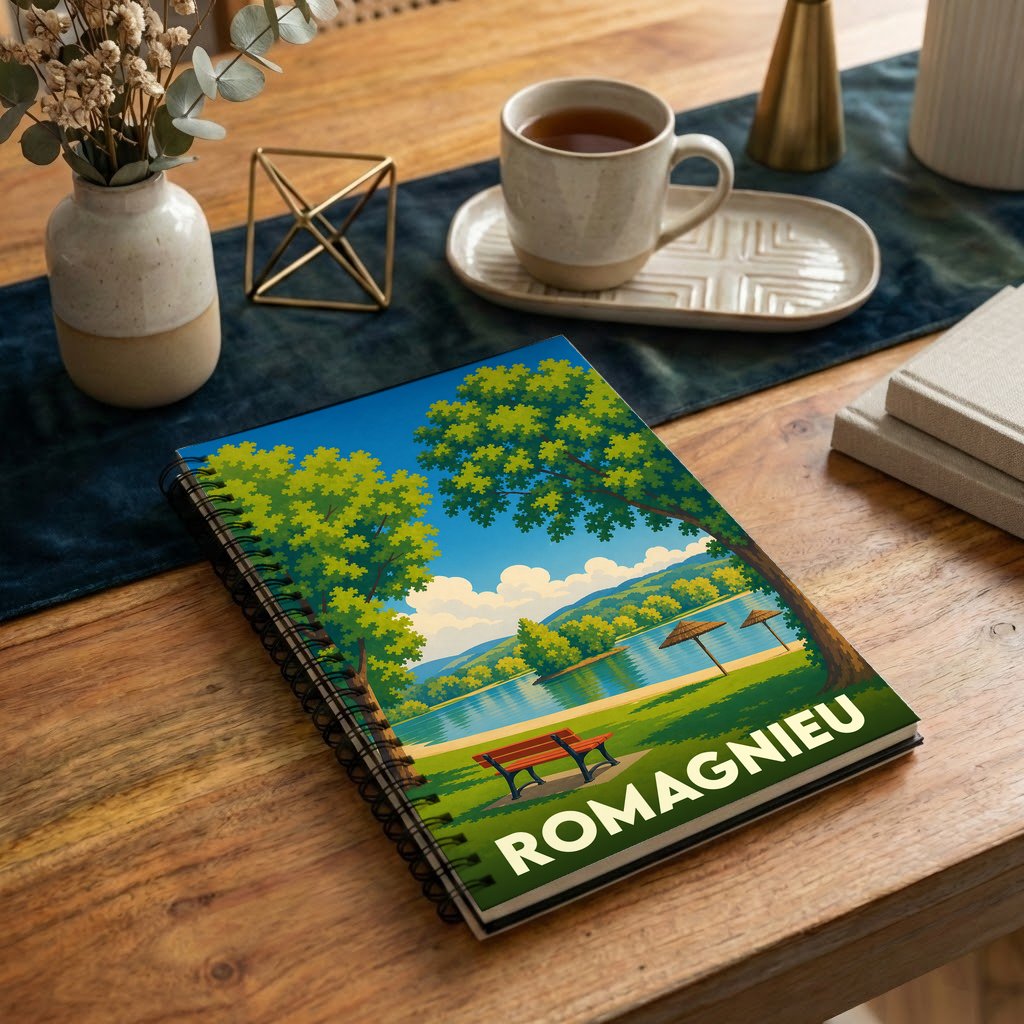 Carnet souvenir de la ville de Romagnieu avec une illustration stylisée d'un lac.