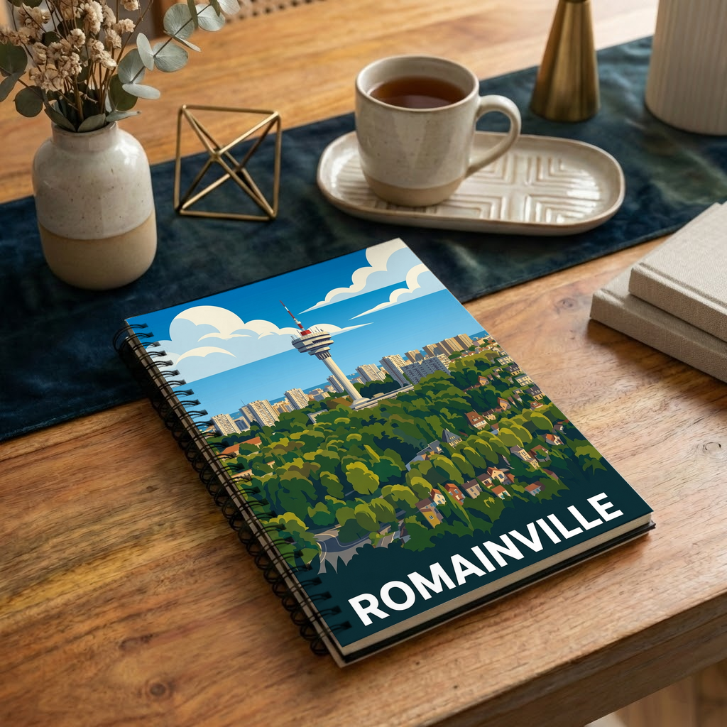 Carnet souvenir de la ville de Romainville avec une illustration stylisée de son paysage.