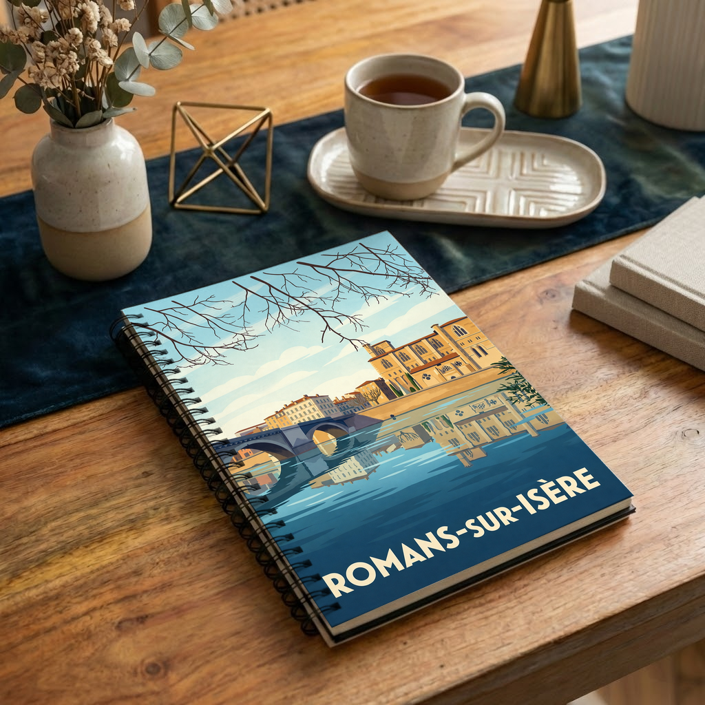 Carnet souvenir de la ville de Romans-sur-Isère avec une illustration stylisée.