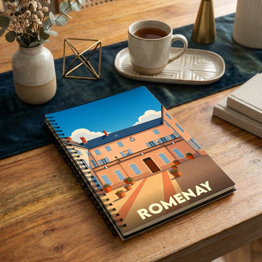 Carnet souvenir de la ville de Romenay avec une illustration stylisée.