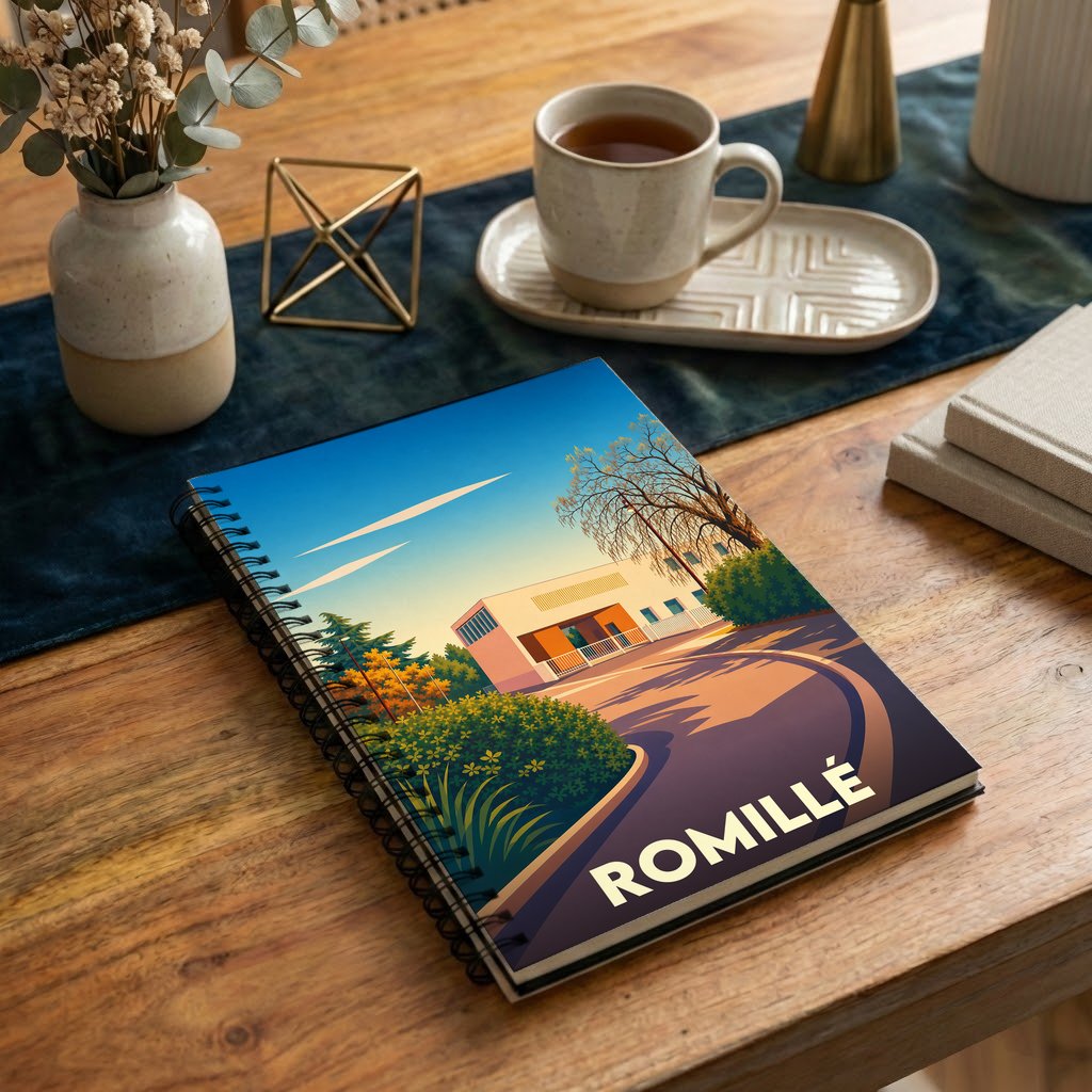 Carnet de notes souvenir de la ville de Romillé avec une illustration stylisée et colorée.