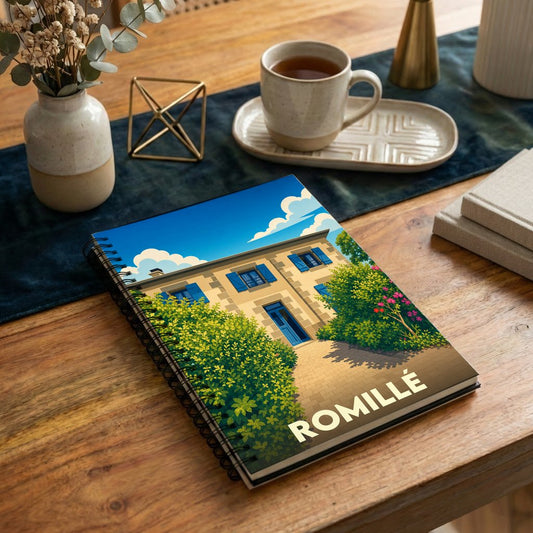 Carnet à spirales souvenir de la ville de Romillé avec une illustration stylisée d'une maison en pierre.