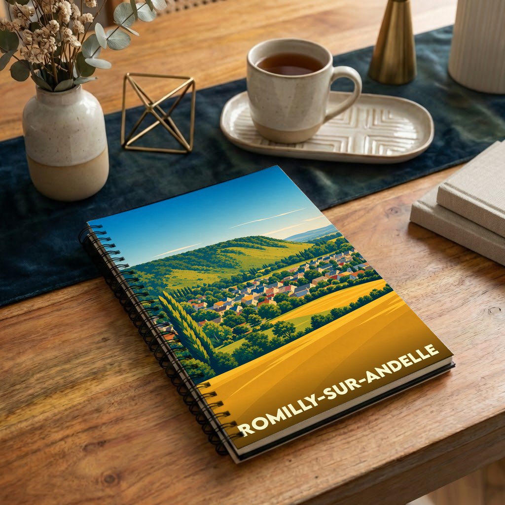 Carnet à spirales souvenir de la ville de Romilly-sur-Andelle avec une illustration de paysage stylisée.