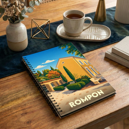 Carnet à spirales souvenir de la ville de Rompon avec une illustration stylisée et colorée.