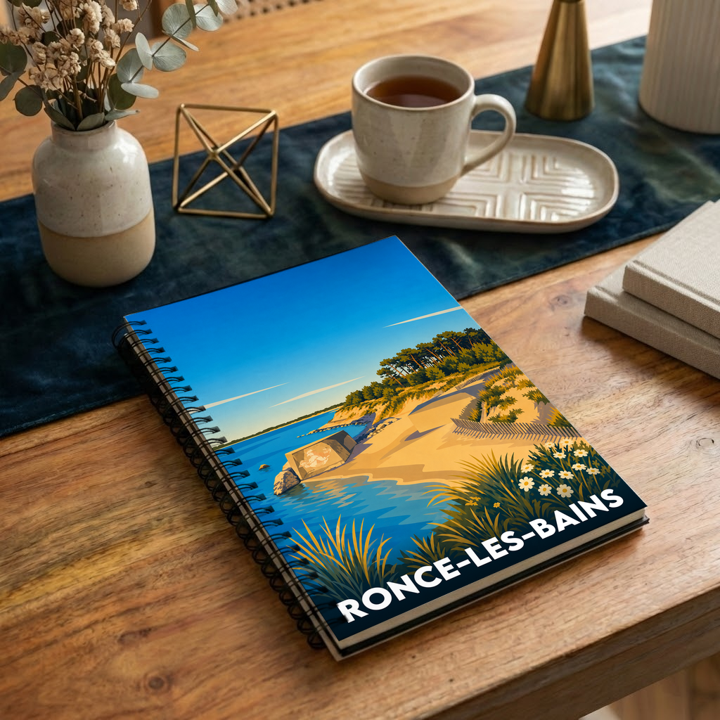 Carnet à spirales souvenir de Ronce-les-Bains avec une illustration stylisée de sa plage et de ses dunes.