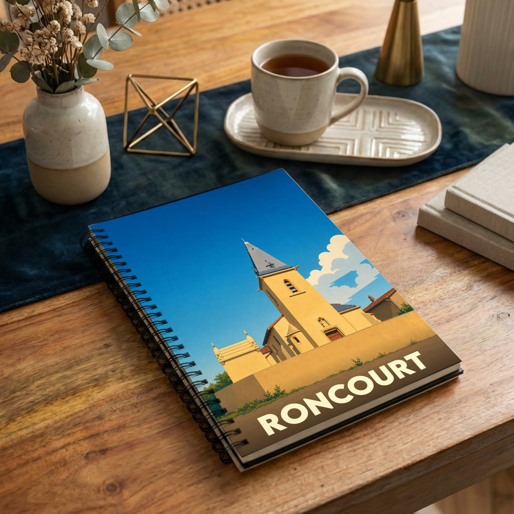 Carnet souvenir de la ville de Roncourt avec une illustration stylisée d'une église sous un ciel bleu.