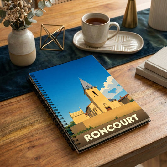 Carnet souvenir de la ville de Roncourt avec une illustration stylisée d'une église sous un ciel bleu.