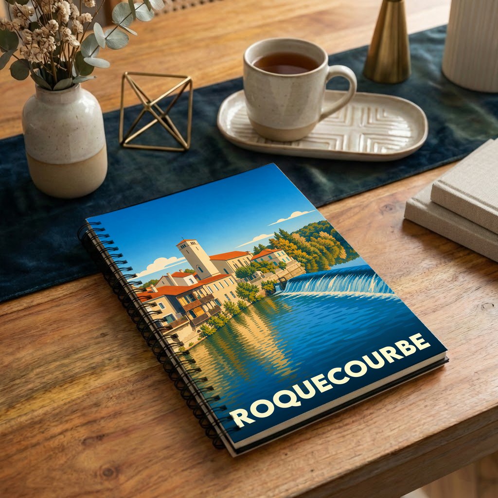 Carnet à spirales souvenir de la ville de Roquecourbe avec une illustration stylisée de ses bords de rivière.