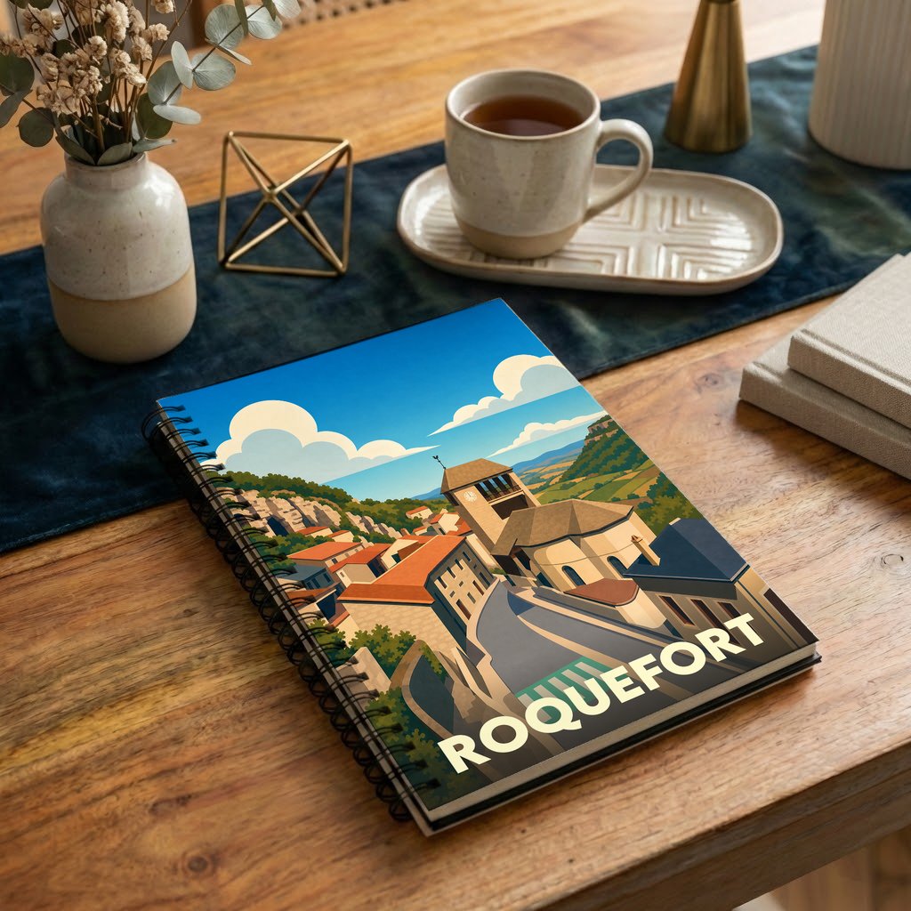 Carnet à spirales souvenir de la ville de Roquefort avec une illustration stylisée.