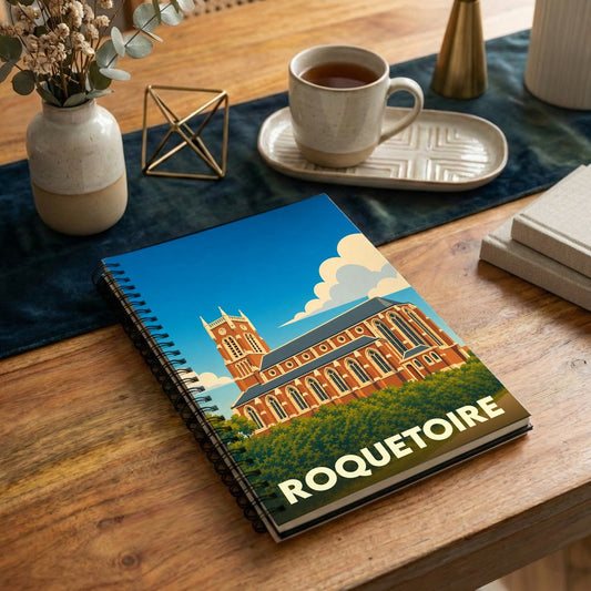 Carnet à spirale souvenir de la ville de Roquetoire avec une illustration stylisée de son église.